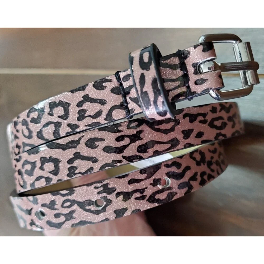 Target Girls Belt XL Pink Black Leopard Print Sparkle Skinny Silvertone Buckle